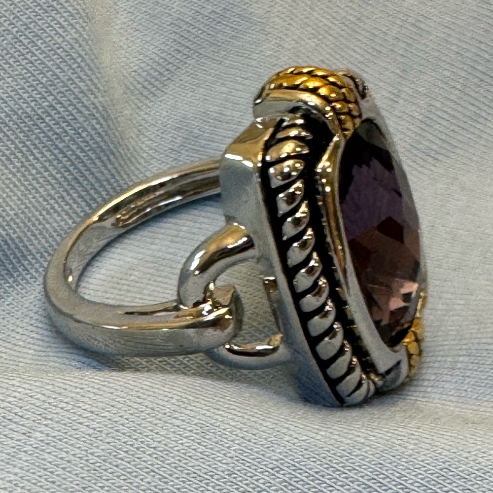 Faceted Faux Amethyst Silver Tone Statement Ring - Picture 3 of 12